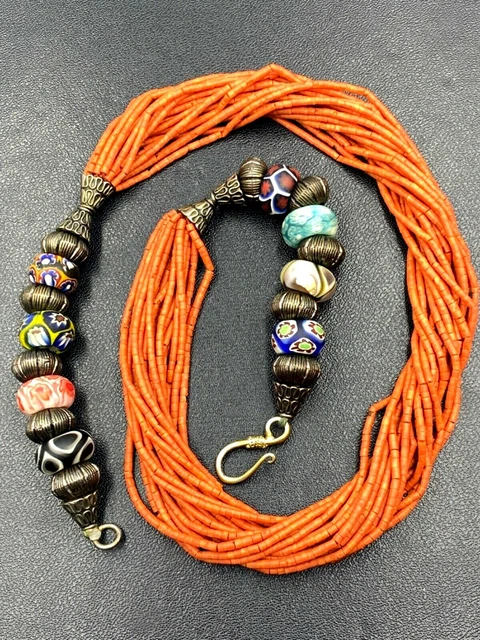 Mixed old antique African glass bead with carved crystal bead necklace