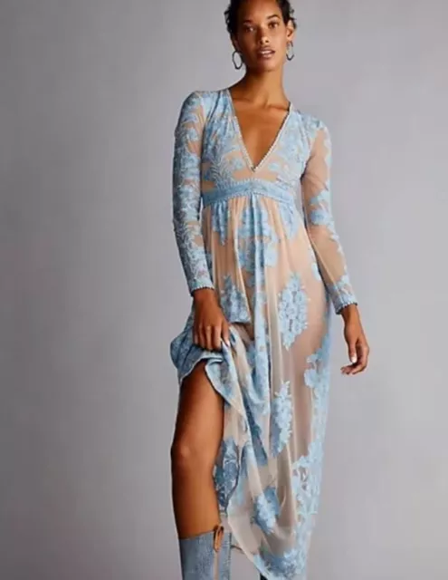 Free People For Love & Lemons Light Blue Temecula Maxi Dress Stretch Size XS NWT