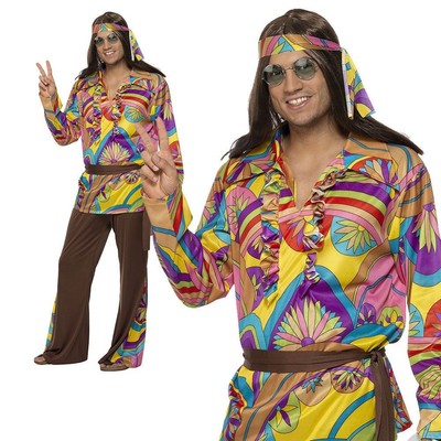 60s da Uomo Adulto Flower Power 70s 1960s Hippy Hippie Costume Camicia CND 