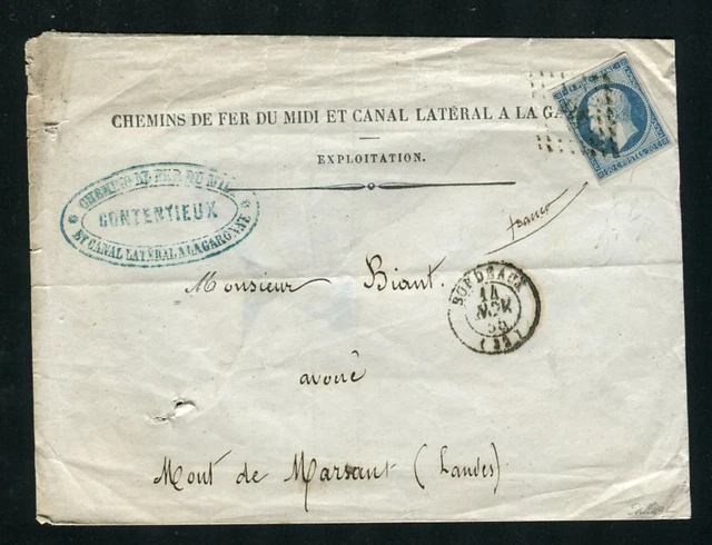 Scarce 1855 Cover from Bordeaux to Mont de Marsan with an Yvert # 14Aa Dark Blue