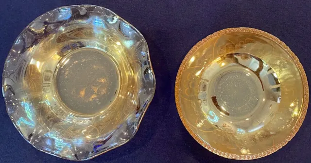 Vintage AMBER IRIDESCENT Bowls, Set of TWO, 5”x1.5” Scallop & 4.5”x1.25” Beaded
