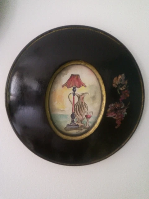 Broche Ancienne Signée Félix - Aquarelle Peinte Sous Verre - Diamètre 57 Mm - Superbe état