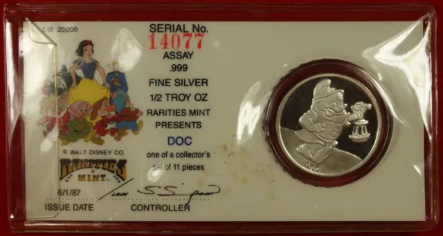 1987 Walt Disney Rarities Mint Doc 50th Anniversary 1/2 Oz. Silver Round