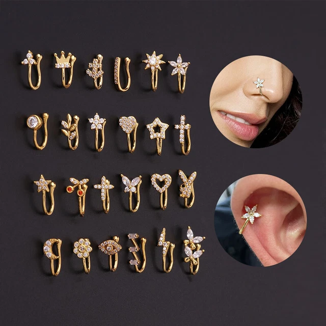 Pendientes de perforación con clip para oreja para mujeres sin perforaciones nariz falsa anillo puño conc{