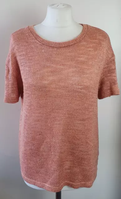 Maglione lavorato a maglia donna F&F taglia UK 12 rosa salmone collo manica corta B6