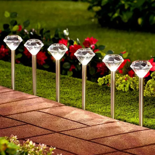 Pack Of 10 Solar Powered White Led Diamond Garden Pathway Stake Lights Outdoor