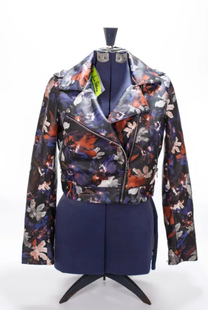 Floral Faux Leather Moto Women’s Jacket Size Small Black Blue Red Sam Edelman