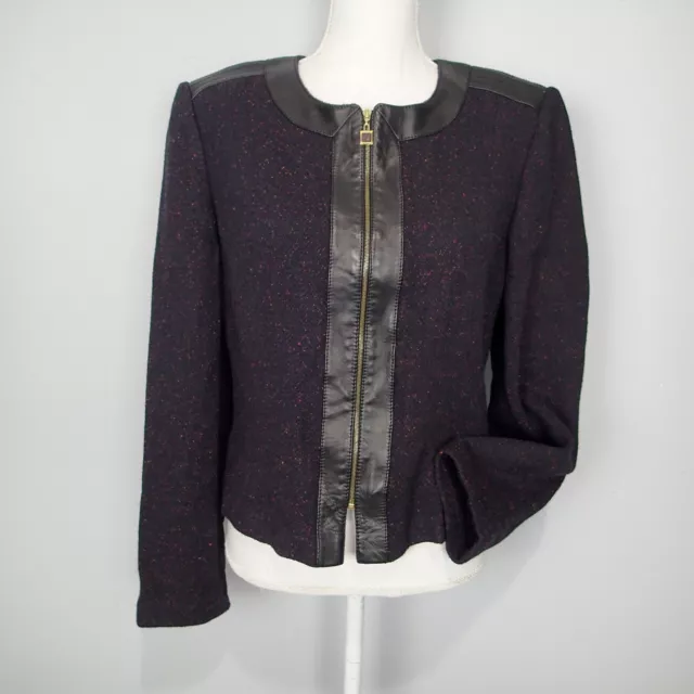 ST JOHN Collection  Knit Leather Trim  Jacket  Sz 10 blazer zip