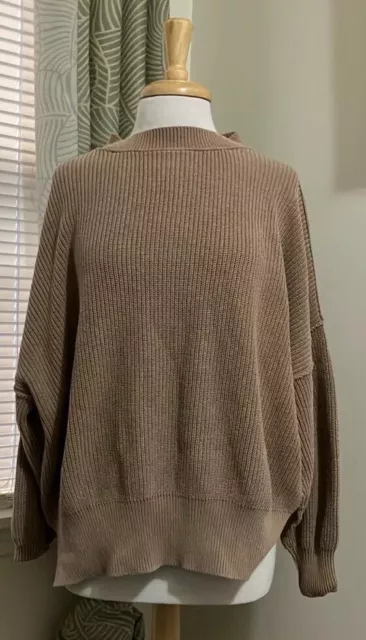 Women's Aerie Tan Knit Sweater Crewneck Oversized Cozy Ribbed Large L