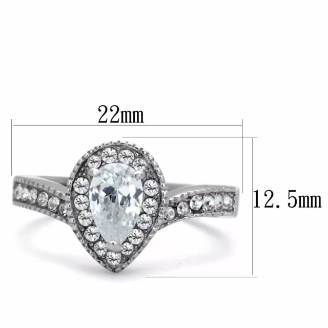 Womens Clear Pear CZ Center Stainless Steel Cocktail Promise Anniversary Ring