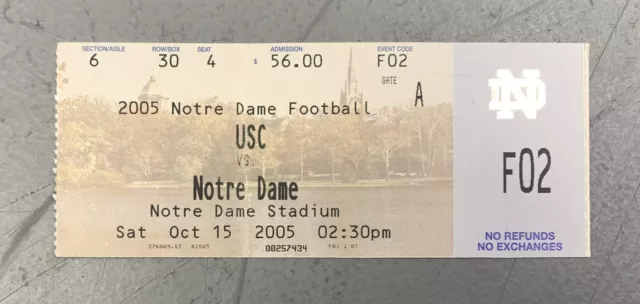 10/15/05 Notre Dame - USC Southern Cal Football Ticket Stub - Bush Push Game