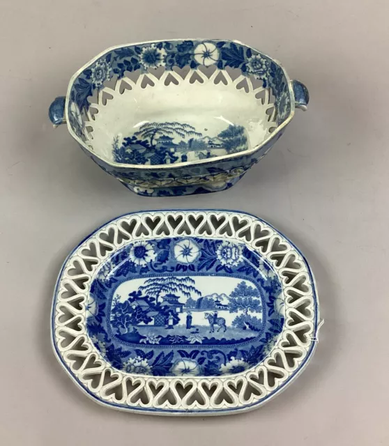 Antique John Rogers Pearlware Blue & White Heart Pattern Basket & Plate Set