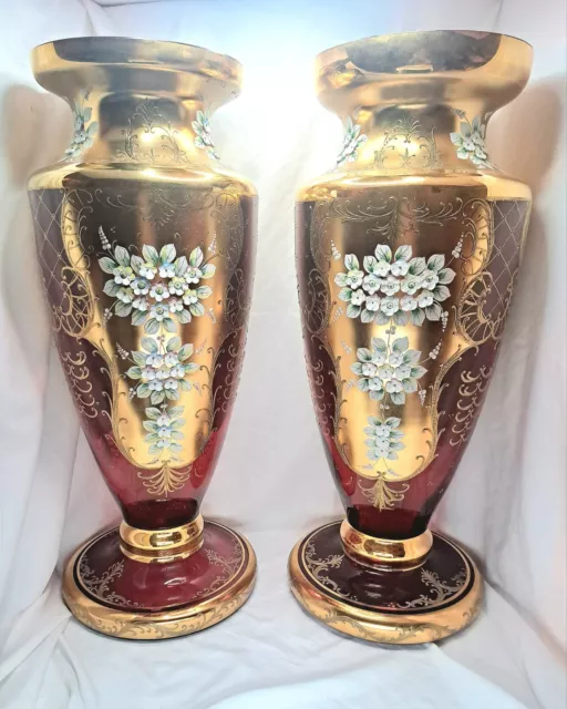 Two 23.5" Bohemian Czech Floor Vases Rare Gold Gilt Ruby Red Enameled Floral