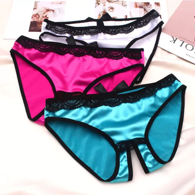 Satin Panties Open Crotchless Thongs G-String Sexy Lingerie Briefs Underwear ♧