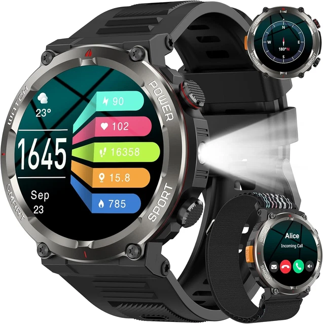 Smartwatch Militare Uomo, Orologio GPS con Batteria 7 Giorni, Impermeabile IP68, 100+ Modalità Sportive, Torcia, Bussola, Notifiche Chiamate Bluetooth, Compatibile con iPhone e Android