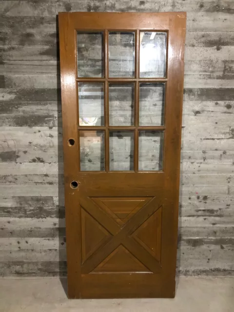 Antique Farmhouse Exterior Wood Entry Stained Door /w Cross Buck & 9 Glass 32x80