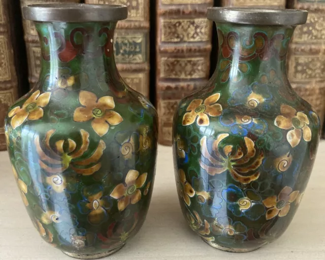 MAGNIFIQUE ANCIENNE PAIRE DE VASES CLOISONNÉS - CHINE - HAUTEUR 9,7cm