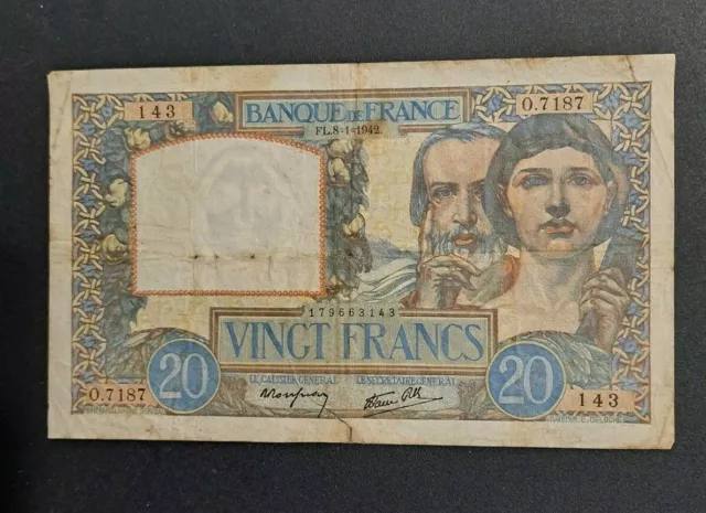 1942 France 20 Francs Banknote Pick# 92c -VG w/ Repaired Tear! - d3786usxx2