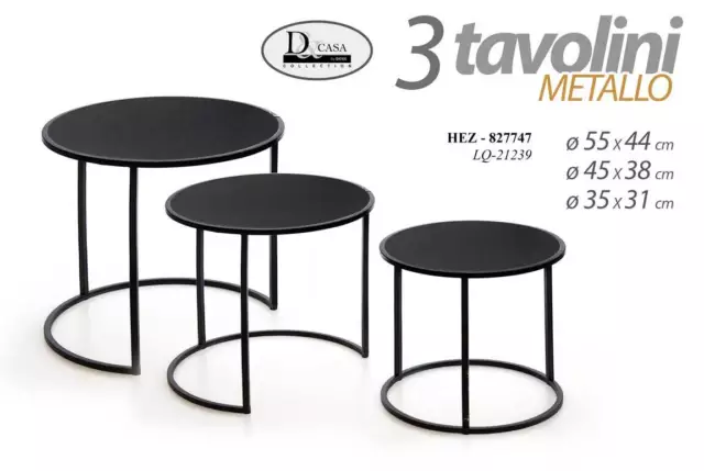 Set Tris 3 Tavolini Tavolo Metallo Salotto Giardino Moderno Classico Ø55-45-35