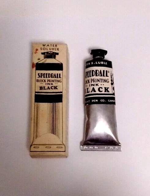 NUEVO DE LOTE ANTIGUO DÉCADA DE 1930 IMPRESIÓN DE BLOQUES SPEEDBALL TINTA NEGRA 1,5 OZ. Caja original de tubo