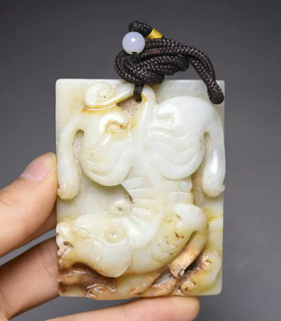 8CM Old Chinese Natural Hetian Jade Carving Animal Tiger Token Amulet During