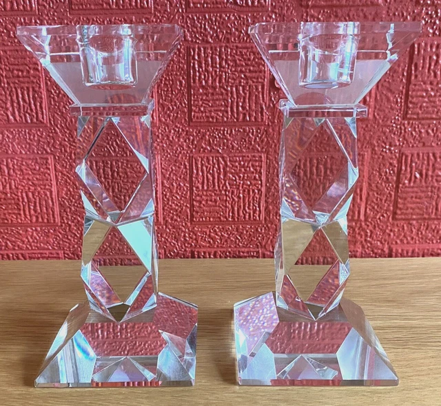 PAIR OF CLEAR Glass Square Base Column Candlestick Holders Marks