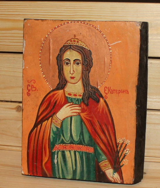 Vintage handbemalte orthodoxe Ikone der Heiligen Katharina
