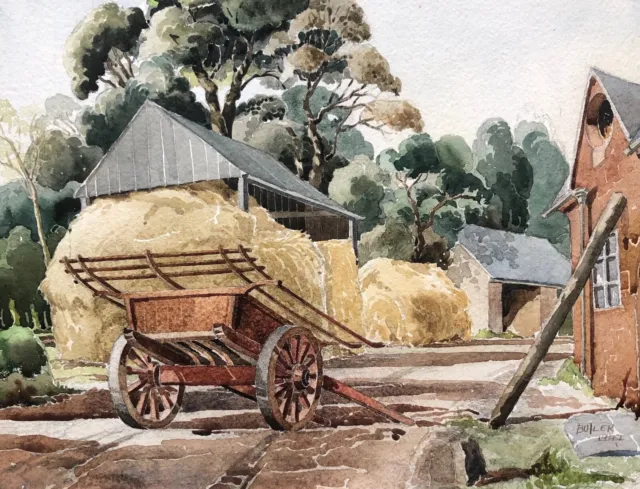 Signed Butler Dated 1942 Original Vintage Watercolour Painting Hay Farmyard View