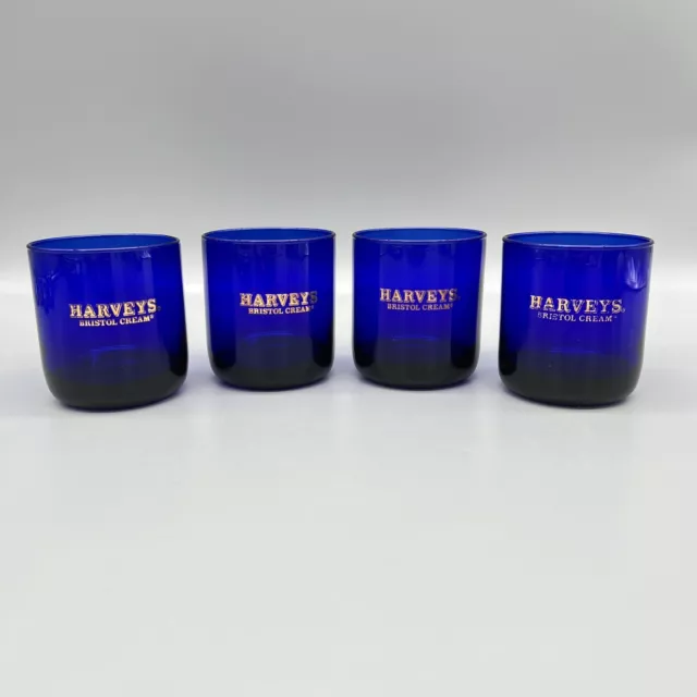 Harveys Bristol Cream Cobalt Blue Bar Glasses Rocks Glasses Gold Logo 4 EUC