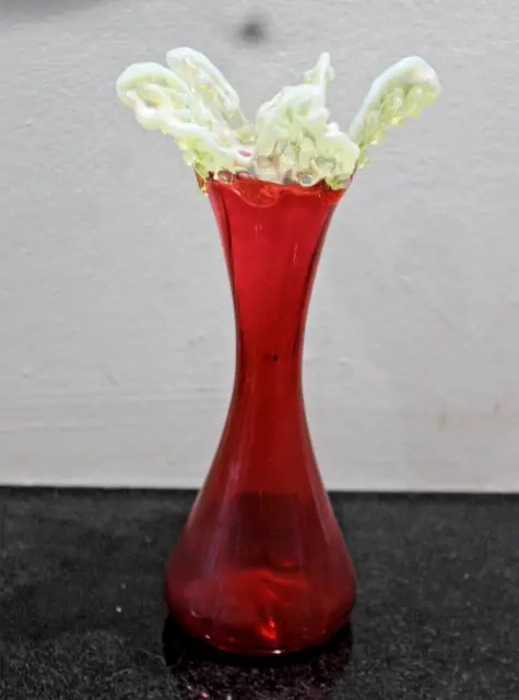 Rare Uranium Vaseline glass topped  Victorian Cranberry / Ruby Glass Vase 22 cm