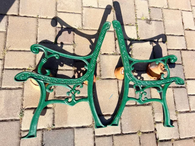 Antique Vintage Set Pair Of Green Cast Iron Scroll Park Bench Ends Legs