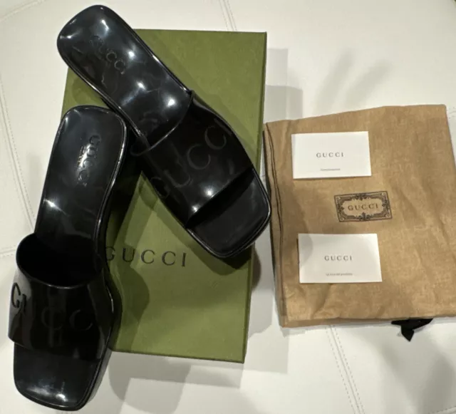 Gucci Womens Block Heel Platform Logo Rubber Slide Sandals Black Size 8/38