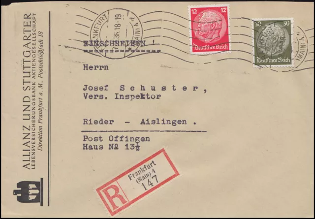 Firmenlochung RA auf Hindenburg 12+30 Pf MiF auf R-Brief  FRANKFURT/MAIN 7.2.36