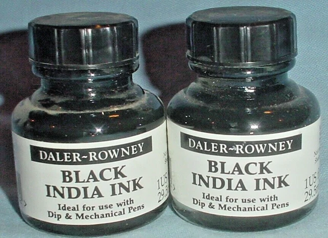 2 BOTELLAS DE VIDRIO Daler-Rowney TINTA NEGRA INDIA/1 oz ea./para PLUMAS MECÁNICAS Y INMERSIVAS