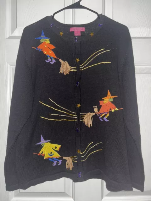 VTG Halloween Cardigan Sweater Womens Witch Broom Hat Embroidered Black Large