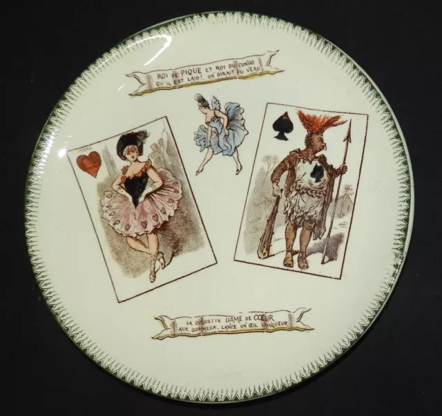 Assiette parlante XIXè CHOISY LE ROI Cartes à jouer Dame de Coeur Roi de Pique B