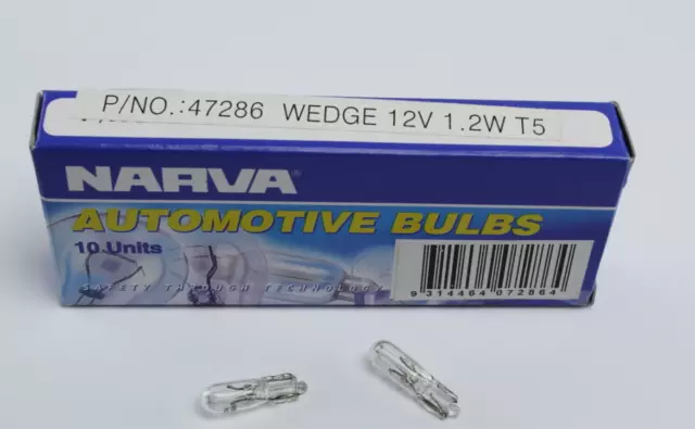 NARVA 47286 DASH BOARD WEDGE LIGHT CLEAR GLOBES 12 VOLT 1.2W T-5mm x10