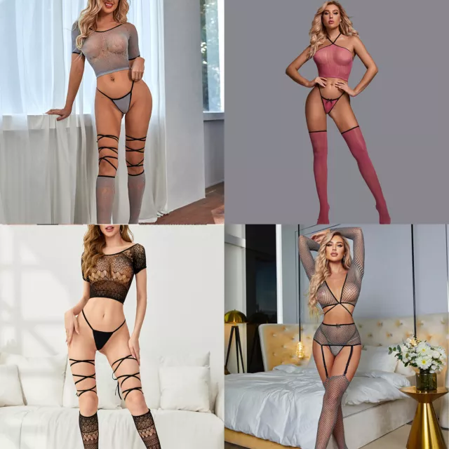 Womens Lingerie Fishnet Nightwear Sexy 3 Piece Long Sleeve Crop Top Mesh Thong