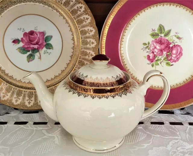 Vintage Alfred Meakin England Burgundy & Gold Chintz Pattern Tea Pot C1930'S