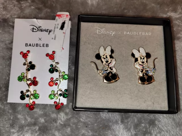 Disney Baublebar Mickie Minnie Mouse Rhinestone Earrings New 2 Pairs