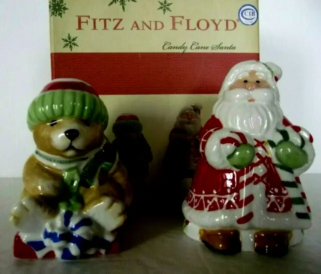 Fitz & Floyd Salt & Pepper Set "Candy Cane Santa" Santa Teddy Bear Christmas