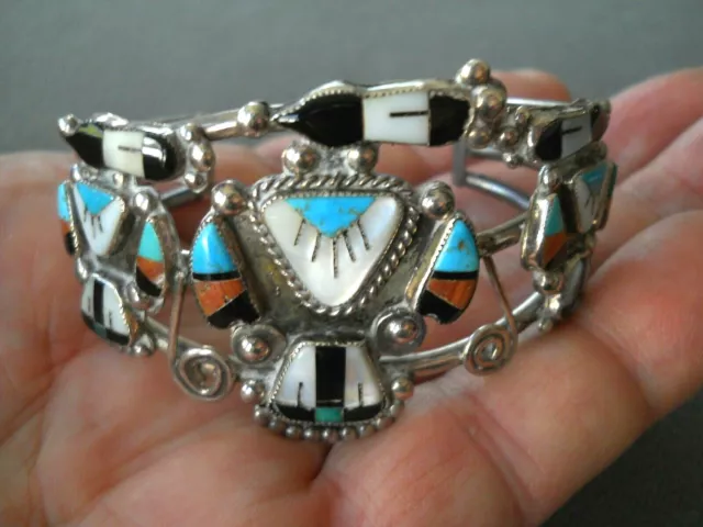 Old Native American Zuni Multi-Stone Inlay Sterling Silver Thunderbird Bracelet