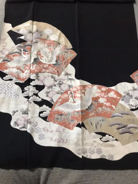 @@ Vintage Japanese kimono silk fabric/ tomesode black/cranes, plum blossom FX33