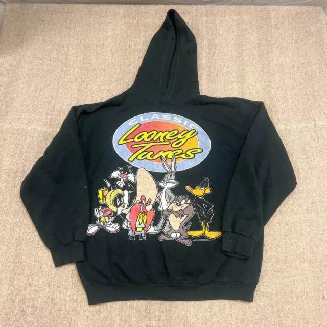 Vintage Looney Tunes Hoodie Mens Large Black 1990s Warner Bros Bugs Bunny