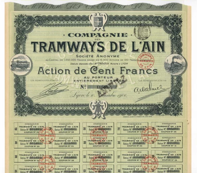 Tramways de l’ Ain SA – Aktie über 100 Francs von 1906 – Eisen- und Staßenbahn