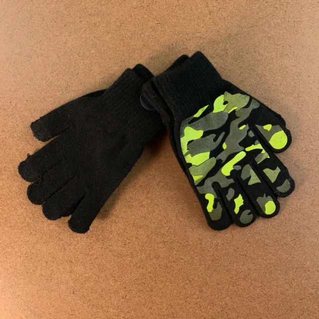 Tek Gear Boys Youth One Size Black Green Camo 2 Pack Knit Gloves NWT
