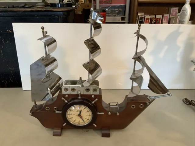 WORKS! Vintage Wood Nautical Sailing Boat Ship Electric Clock TV Lamp Oxford 2