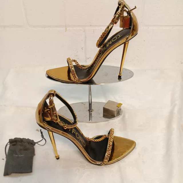 TOM FORD Mirror Padlock T-Strap Chain Leather Sandals $1,750 Gold 100mm  SZ 38.5