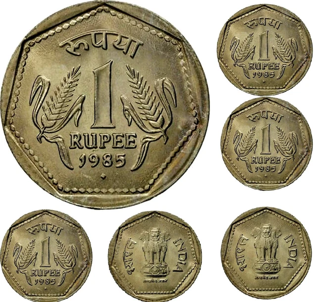 Lot 5 PCS 1980-89 India Vintage 1 Rupee Crop plant Rare Old UNC - AUNC Coins set