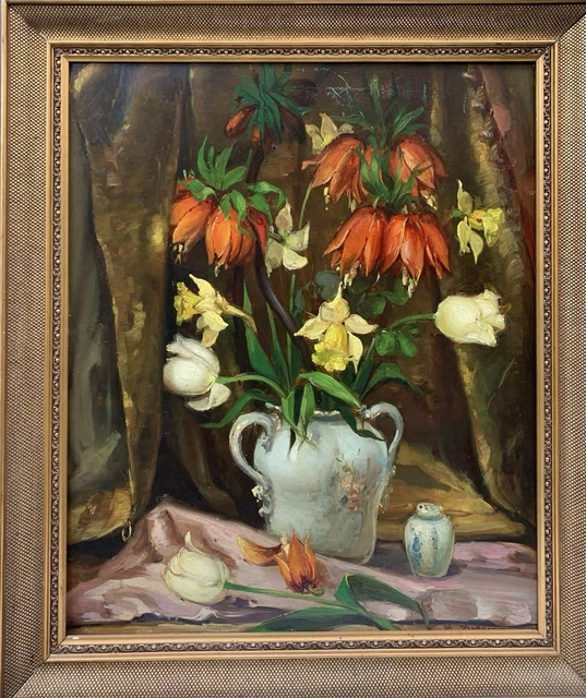 Peinture Huile Sur Toile Nature Morte Bouquet Floral - Signé Stemple - Vintage 1970